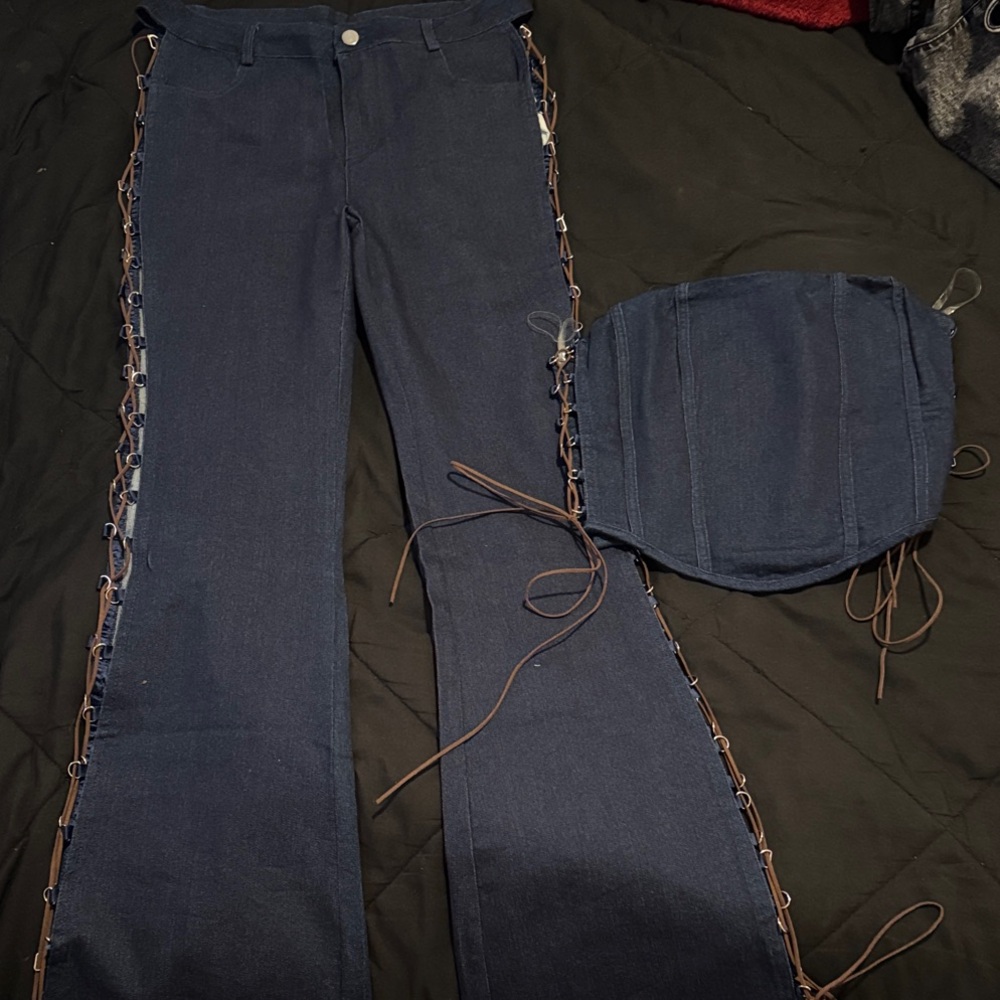 Dark Blue Lace-Up Flare Jeans with Matching Crop top